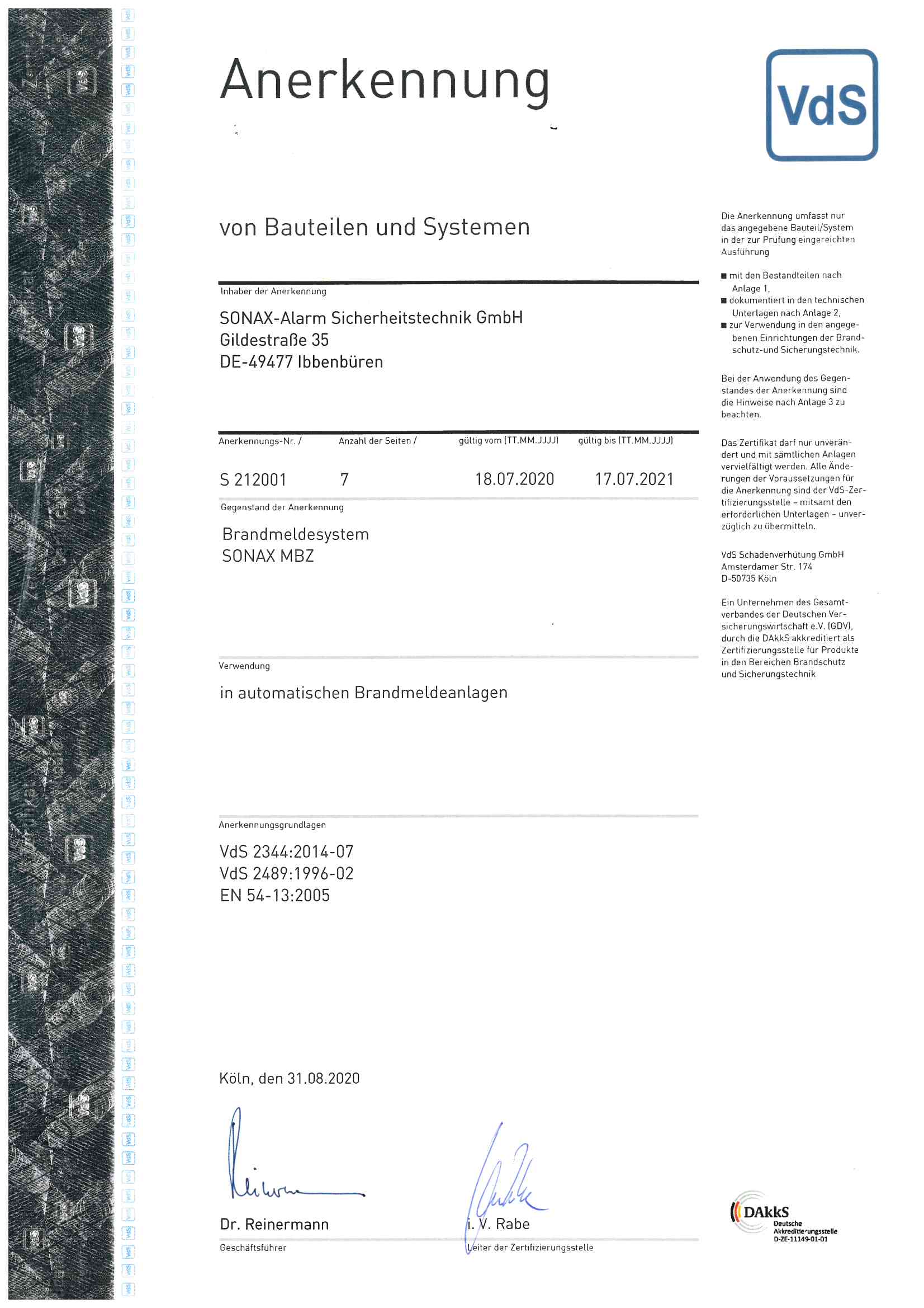 Zertifikat_Brandmeldesystem SONAX MBZ S212001