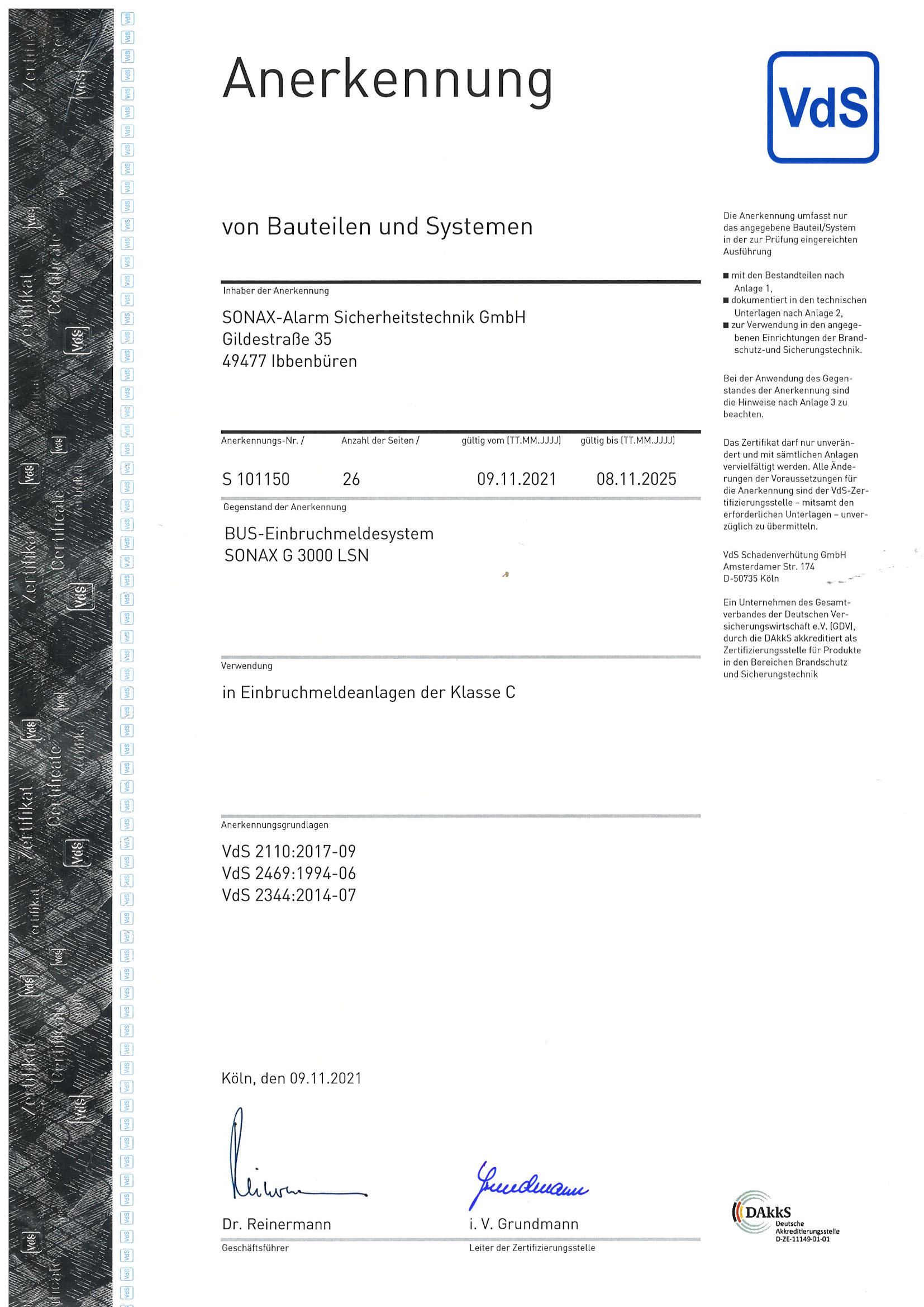 Zertifikat_Bus Einbruchmeldesystem SONAX G 3000 LSN S101150