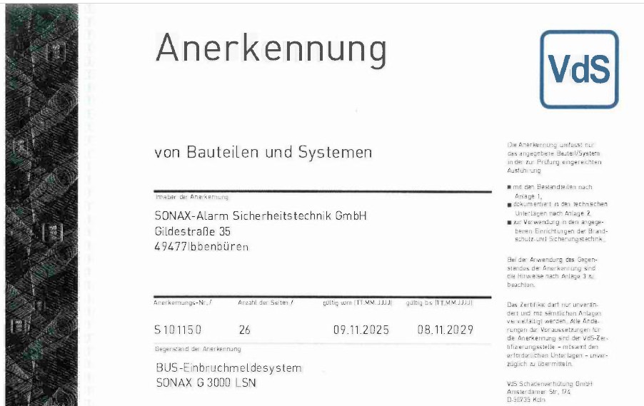 Zertifikat_Bus Einbruchmeldesystem SONAX G 3000 LSN S101150